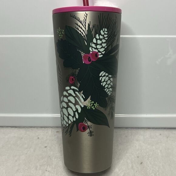 Starbucks Coffee 2021 Holiday Tumbler Stainless Pine Design Venti 24oz New - Picture 3 of 8